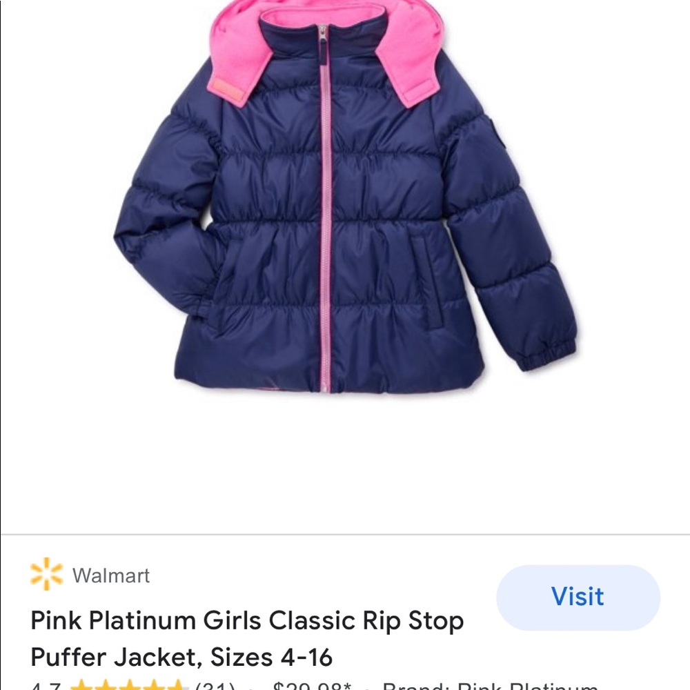 Girls puffer winter coat, fleece lined extra warm for cold days